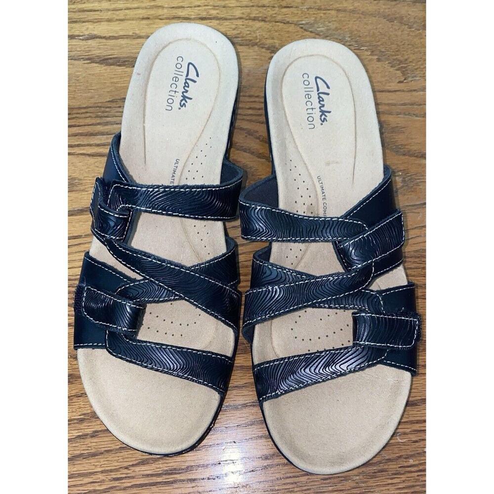 NEW Clarks Merliah Karli Black Leather Wedge Strap Sandals Women Size 10 N